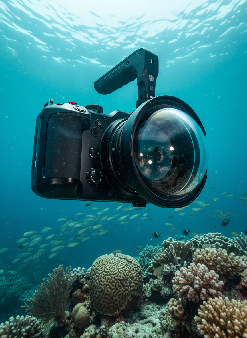 A dramatic underwater scene showcasing a sleek, matte-black professional camera housing with a large dome port, suspended just above a vibrant coral reef. The housing’s metallic buttons and dials catch filtered shafts of turquoise light that stream down from the rippled surface above. Schools of silvery fish blur softly in the mid-ground, while intricate coral textures remain in sharp foreground focus. Photographic realism with a sophisticated, cinematic feel, captured from a slightly low angle looking upward. Fine particles float in the water, adding depth and authenticity, while the overall composition suggests premium underwater photography and videography expertise.