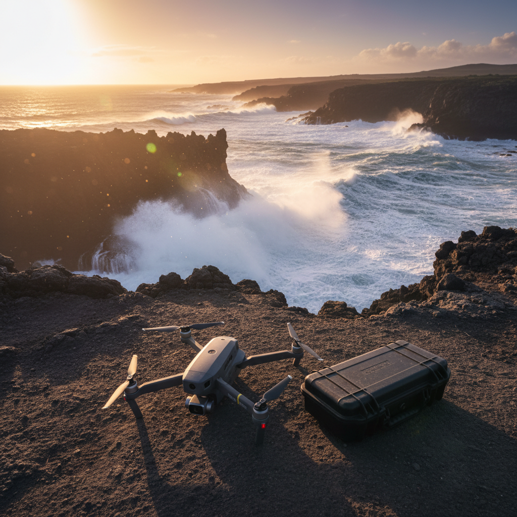 A dynamic coastal cliffside at golden hour, where powerful waves crash against dark volcanic rock far below. On the cliff edge, a compact professional drone with folded arms rests beside a slim, waterproof hard case, both detailed with subtle scuffs that suggest heavy field use. Warm, directional sunlight grazes the rocky textures and catches sea spray in the air, creating a soft, sparkling haze. The camera angle is slightly elevated and wide, giving a sweeping cinematic perspective of the coastline. Photographic realism with a sophisticated, editorial mood, capturing the intersection of cutting-edge adventure videography gear and raw, untamed nature.