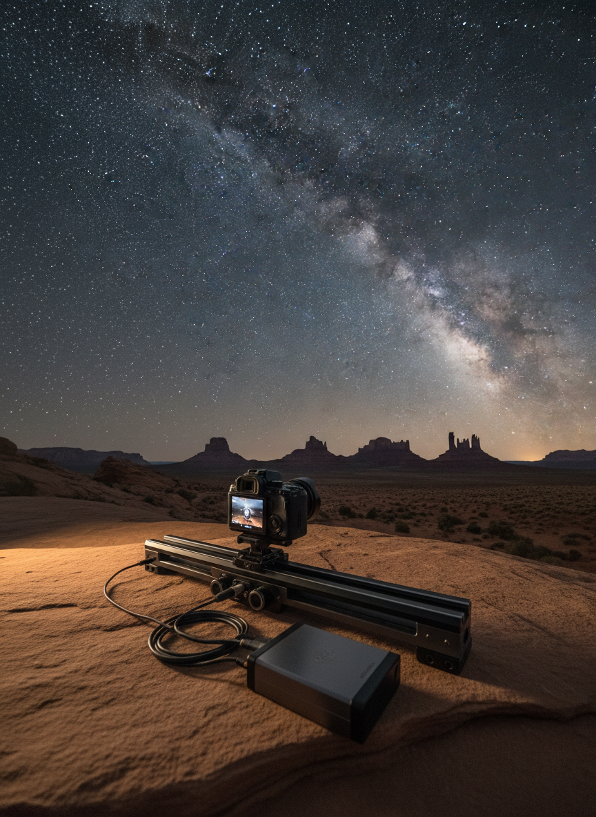 A night-time desert landscape under an expansive, star-filled sky, the Milky Way arching subtly above a silhouette of distant sandstone formations. On a flat slab of rock in the foreground rests a low-profile camera slider with a mounted camera and a compact external battery pack, illuminated by a single low-intensity, warm LED panel placed just out of frame. The gear’s brushed metal surfaces and careful cable routing are crisply detailed, while the background stars remain pin-sharp. Photographic realism from a low angle with a wide lens, balancing the precise, technical elegance of time-lapse adventure videography equipment with the vast, serene grandeur of the natural night sky.