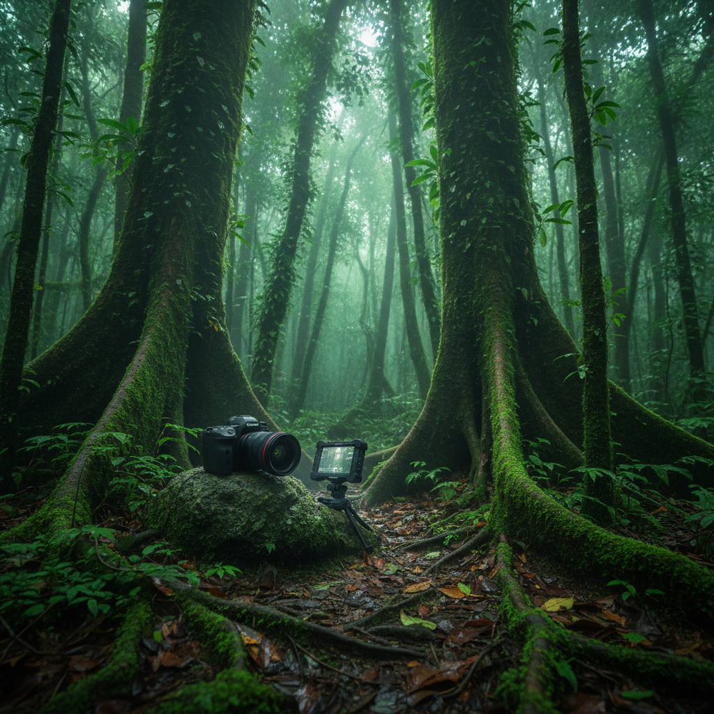 A lush, dense rainforest interior with towering moss-covered trunks, tangled roots, and shafts of pale green light filtering through a thick canopy. In a small clearing, a sturdy weather-sealed camera sits on a rock, its lens beaded with fine droplets of moisture. Nearby, a compact splash-proof field monitor glows subtly, reflecting the deep, saturated greens around it. The ground is rich with wet leaves and ferns, sharply detailed in the foreground, while the background falls into a gentle, misty blur. Photographic realism from an eye-level perspective with a slightly off-center composition, evoking sophisticated documentary-style nature photography in challenging, humid conditions.