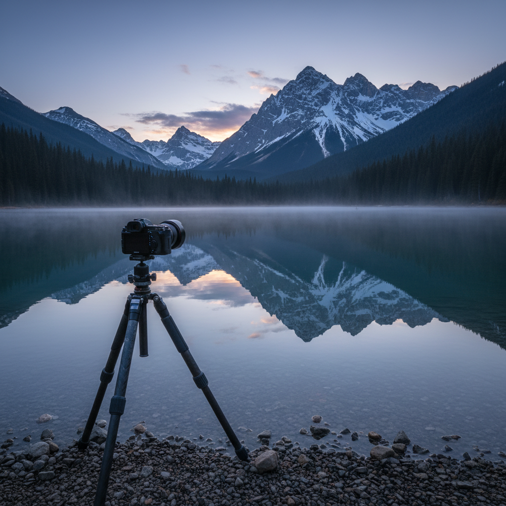 A tranquil alpine lake at dawn, its glassy surface mirroring towering snow-capped peaks and a dense evergreen forest. In the foreground, a rugged, weathered carbon-fiber tripod stands on smooth shoreline stones, supporting a high-end mirrorless camera aimed toward the horizon. Soft blue-hour light wraps the scene in cool, subtle tones, with a faint hint of warm sunrise glow touching distant clouds. Low-lying mist drifts across the water, creating layers of depth. Shot in photographic realism from a low, slightly off-center angle, using the rule of thirds to emphasize both the creative equipment and the grand natural landscape, conveying refined, exploratory adventure media.