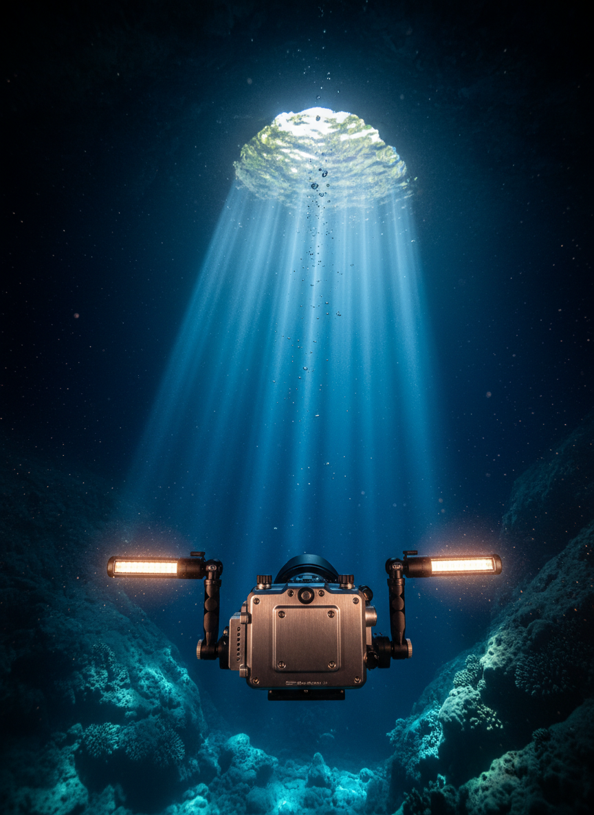 A crystal-clear cenote viewed from beneath the surface, where sunlight pours through a circular opening above, forming dramatic beams that slice through the blue water. In the foreground, a streamlined underwater video rig with dual cylindrical lights extends from a robust housing, meticulously detailed with anodized metal and anti-corrosion finishes. The rocky walls of the sinkhole fade into darkness at the edges, while suspended air bubbles and fine silt catch the light. Photographic realism with a refined, cinematic tone, captured from a mid-depth eye-level angle looking toward the light source, emphasizing the sophistication and capability of professional underwater videography.