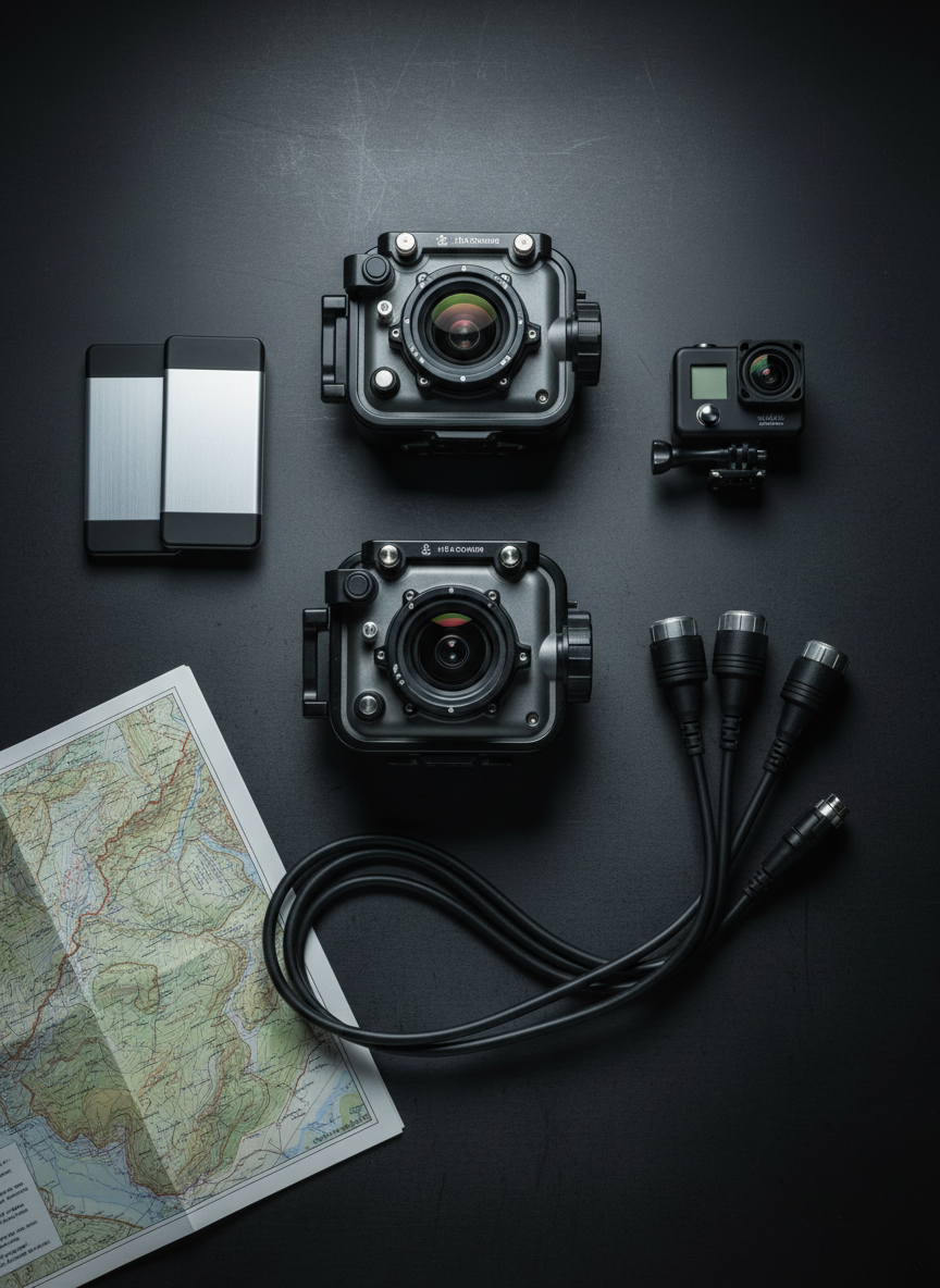 A minimalist yet adventurous flat-lay composition on a dark, matte metal surface: a pair of rugged waterproof camera housings, a small action camera with a wide-angle lens, neatly coiled underwater lighting cables, and sleek solid-state media drives. A folded topographic map with detailed contour lines lies partially in frame, its subtle creases and muted earth tones adding texture. Cool, directional studio lighting from one side creates precise highlights on polished edges and soft, controlled shadows for depth. Photographic realism with a clean, sophisticated aesthetic, shot from a perfectly overhead bird’s-eye view, suggesting a well-organized, professional adventure media kit prepared for underwater and remote nature expeditions.